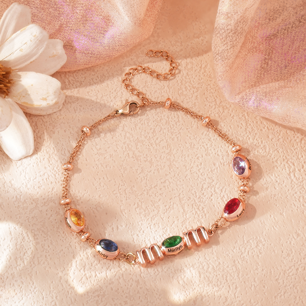 Personalized Mom Birthstone Bracelet, Custom Name Family Bracelet