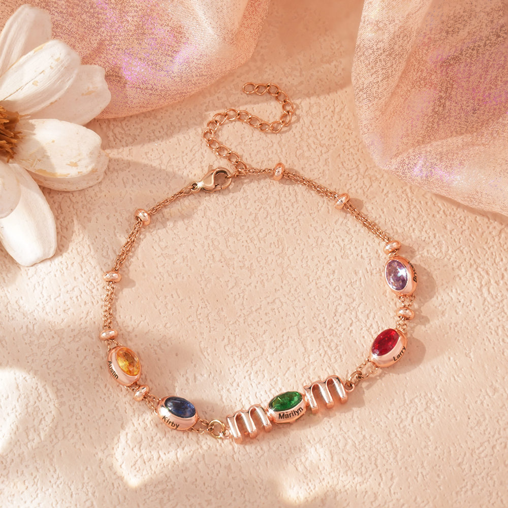 Personalized Mom Birthstone Bracelet, Custom Name Family Bracelet