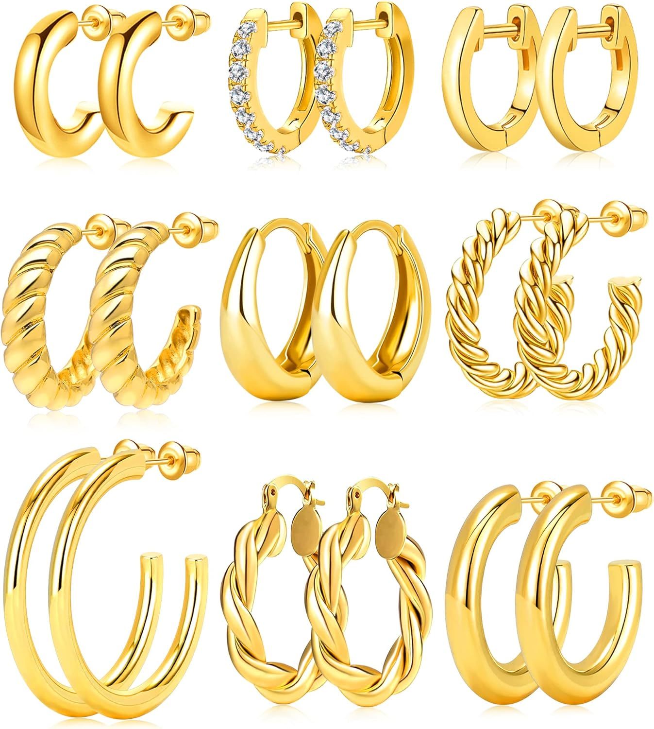 Adoyi 9 Pairs Gold Hoop Earrings Set for Womens Twisted Huggie Hoops Earrings 14K 18K Gold Plated for Girls Valentines Mother's Day Birthday Gifts Lightweight