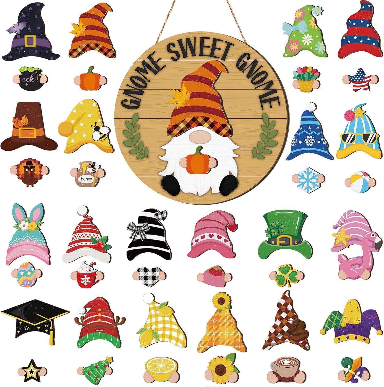 Interchangeable Wooden Gnome Decor Holiday Door Signs
