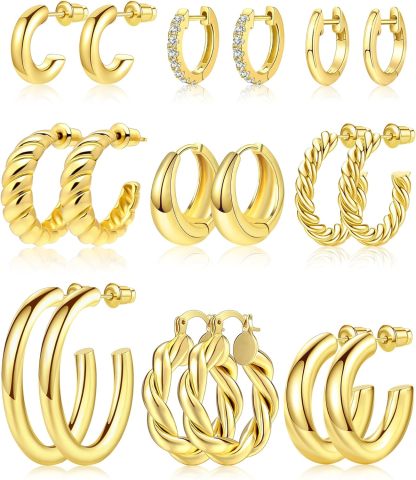Adoyi 9 Pairs Gold Hoop Earrings Set for Womens Twisted Huggie Hoops Earrings 14K 18K Gold Plated for Girls Valentines Mother's Day Birthday Gifts Lightweight