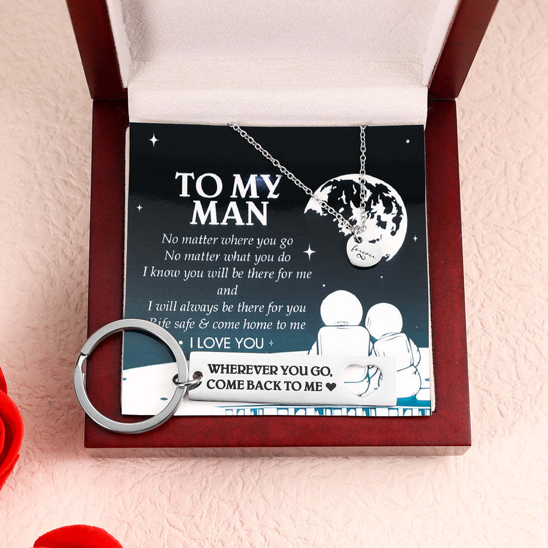 Mother's Day Gift To My Man Heart Necklace and Keychain Gift Set "Wherever You Go, Come Back to Me"-Engravingift
