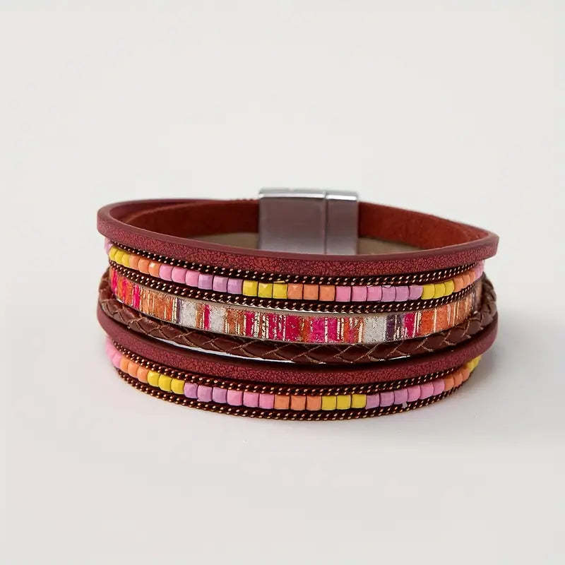 Mother's Day Gift Colorful PU Leather Bracelet With Magnetic Buckle Multi-layer Wrap Bracelet-Engravingift