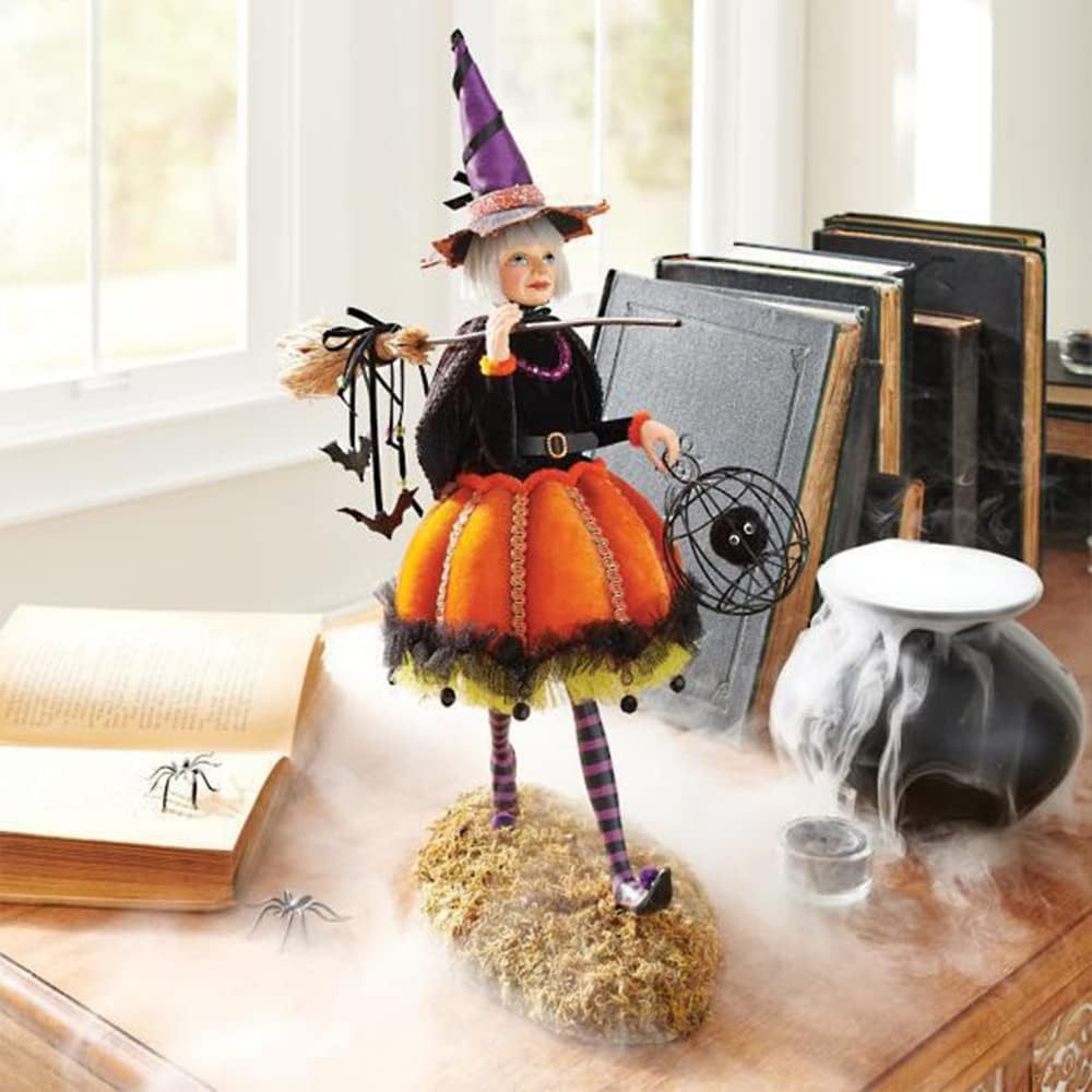 Handmade Halloween Witch Figurine with Pumpkin Skirt and Broom Decor