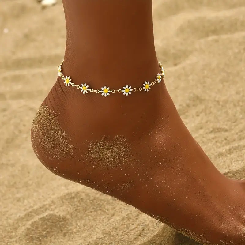 Mother's Day Oil Flower Beads Chain Anklet Alloy Ankle Bracelet-Engravingift