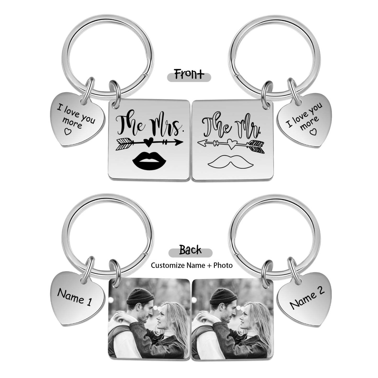 Mother's Day Gift  Customized Photo Couple Keychain Set Engrave Heart Matching Couple Gifts-Engravingift
