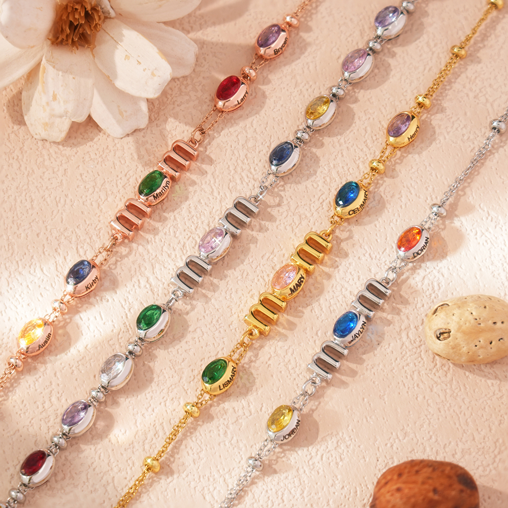 Personalized Mom Birthstone Bracelet, Custom Name Family Bracelet