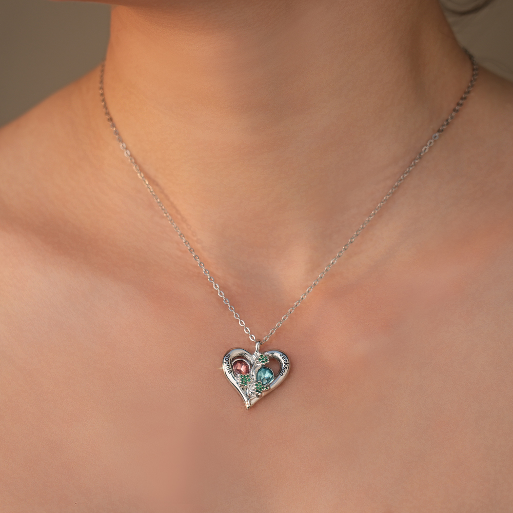 Personalized Love Necklace Custom 2 Birthstones & Names for Women
