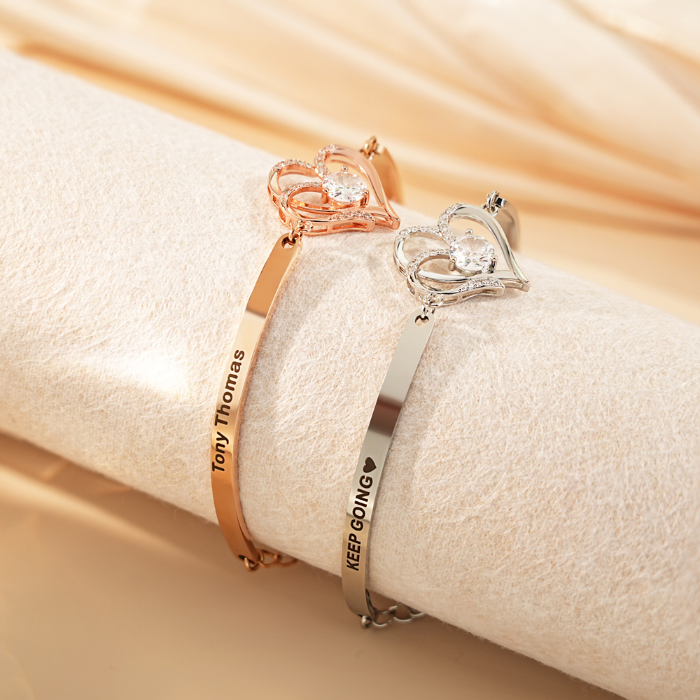 Double Heart Zircon Silver Adjustable Bracelet