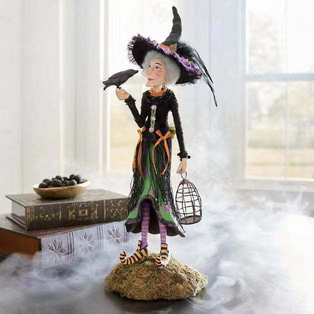 Handmade Halloween Witch Figurine with Pumpkin Skirt and Broom Decor