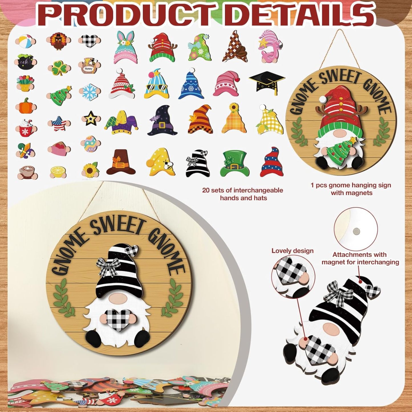 Interchangeable Wooden Gnome Decor Holiday Door Signs