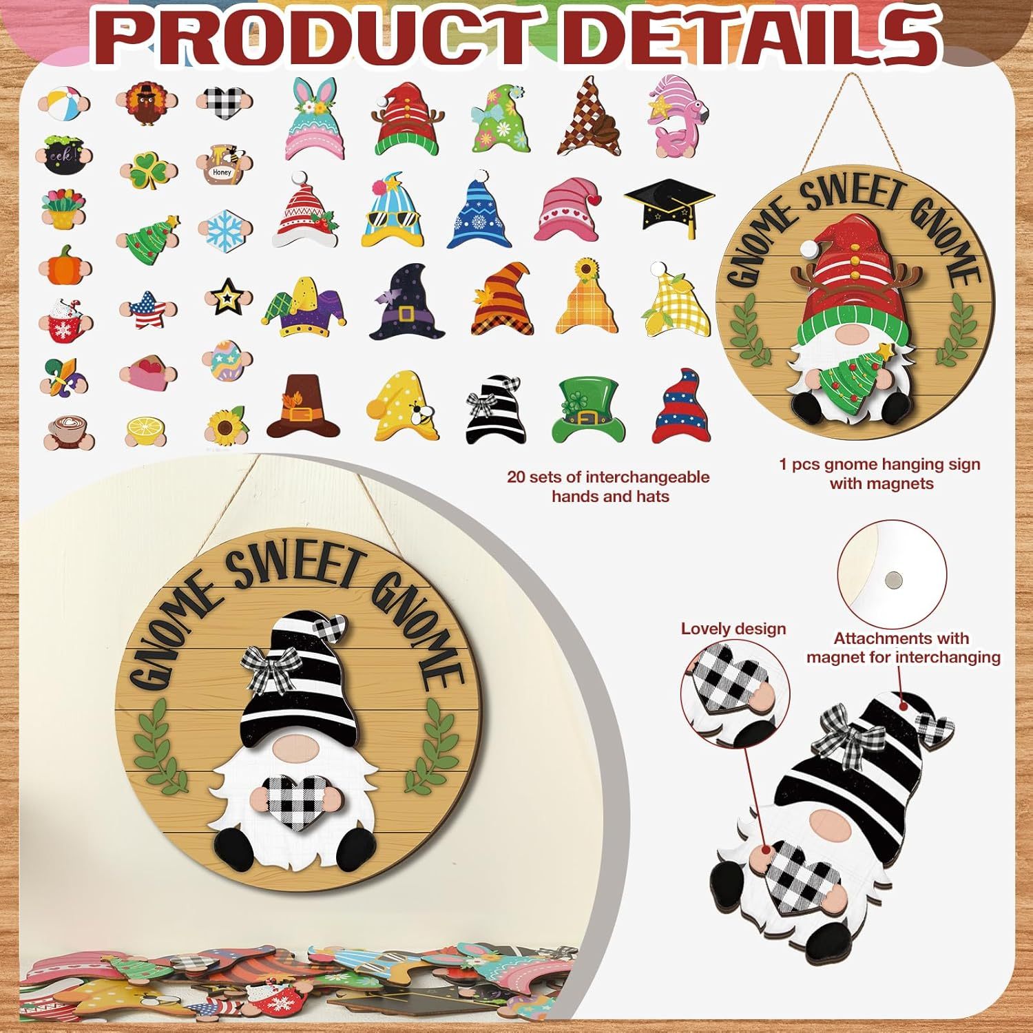 Interchangeable Wooden Gnome Decor Holiday Door Signs