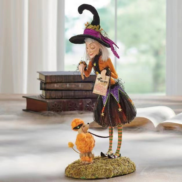 Handmade Halloween Witch Figurine with Pumpkin Skirt and Broom Decor