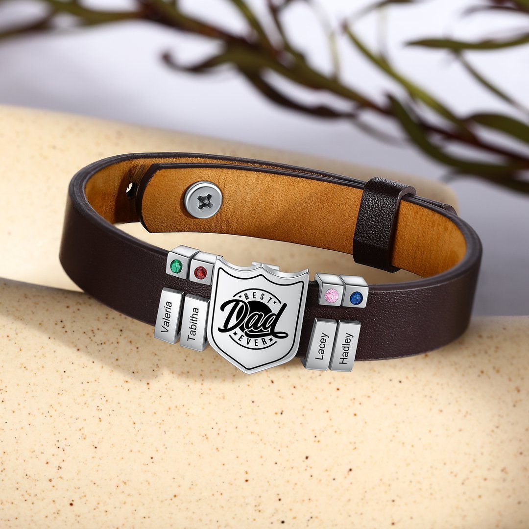 Christmas Gift Men Leather Bracelet Personalized Birthstone and Name Gift