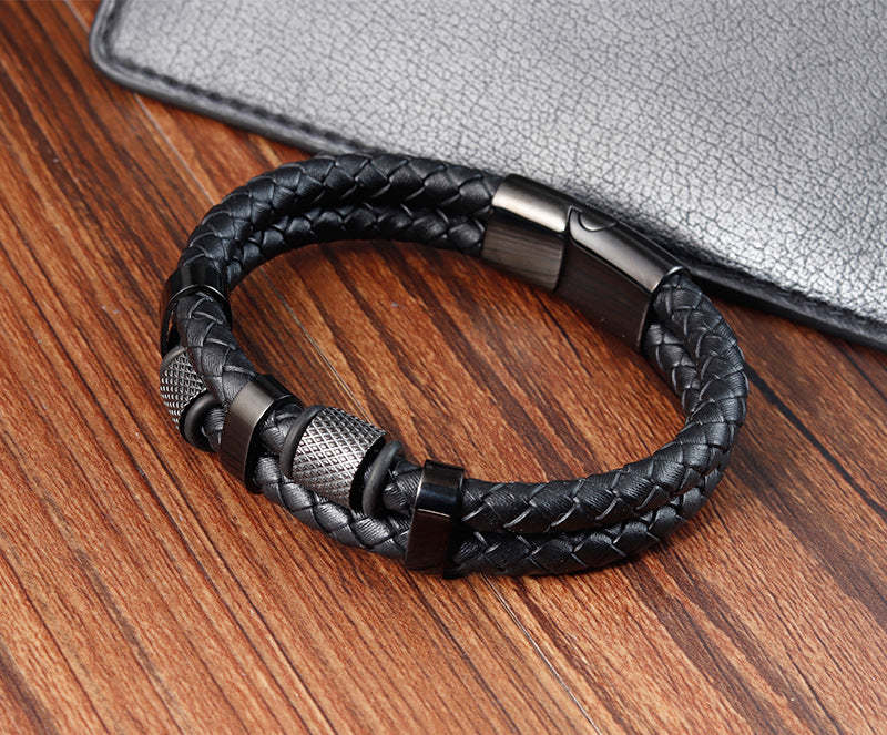 Father's Day Gift Men Braided Leather Bracelets Layered Beads Bracelets with Magnetic Clasp Gifts for Him-Engravingift