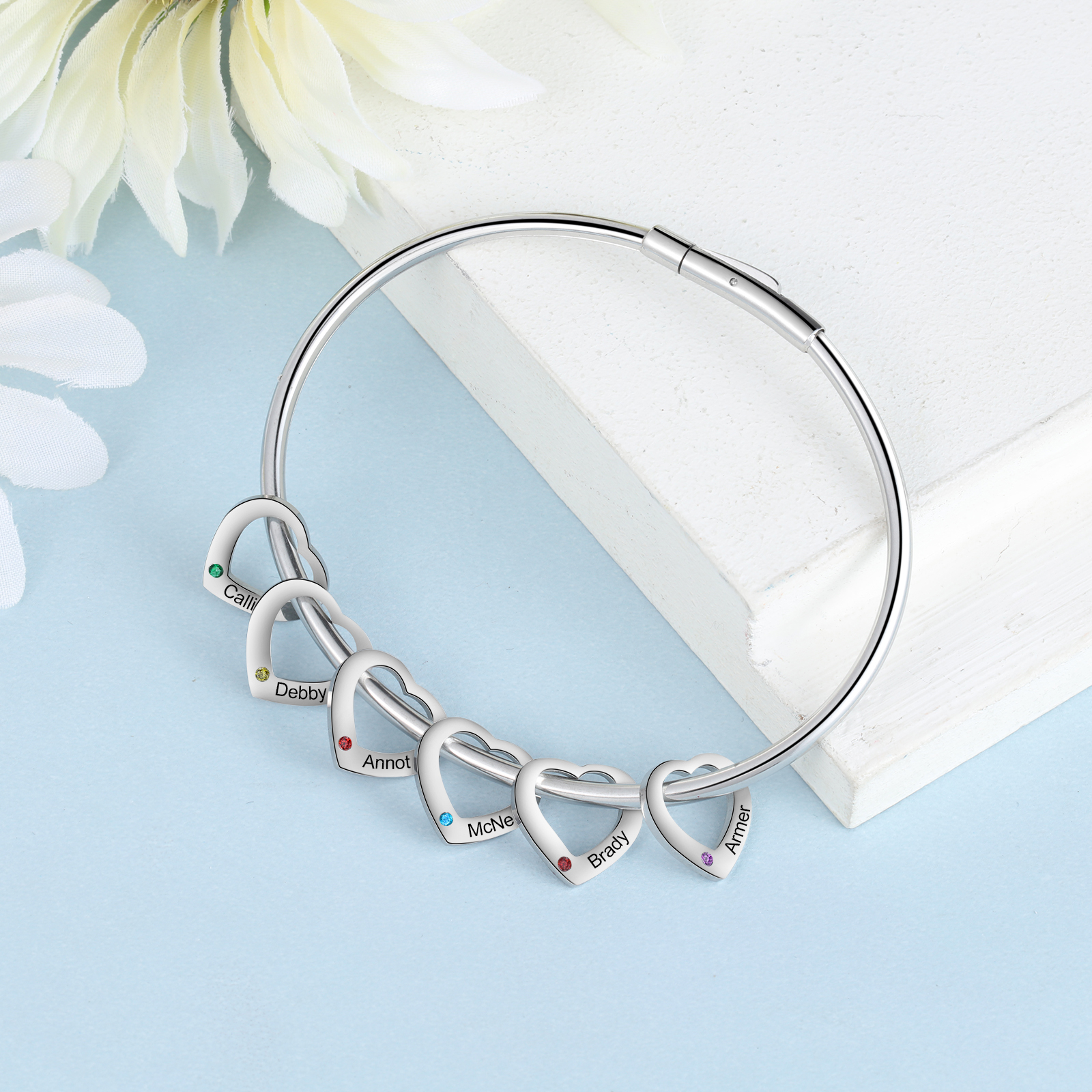 Personalized Heart Charm Bangle Bracelet with 1-10 Birthstones Engraved Names