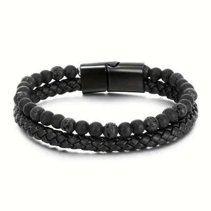 Father's Day Gift Fashion Double Layer Leather Handmade Braided Bracelet Natural Tiger Eye Stone Beaded Bangle-Engravingift