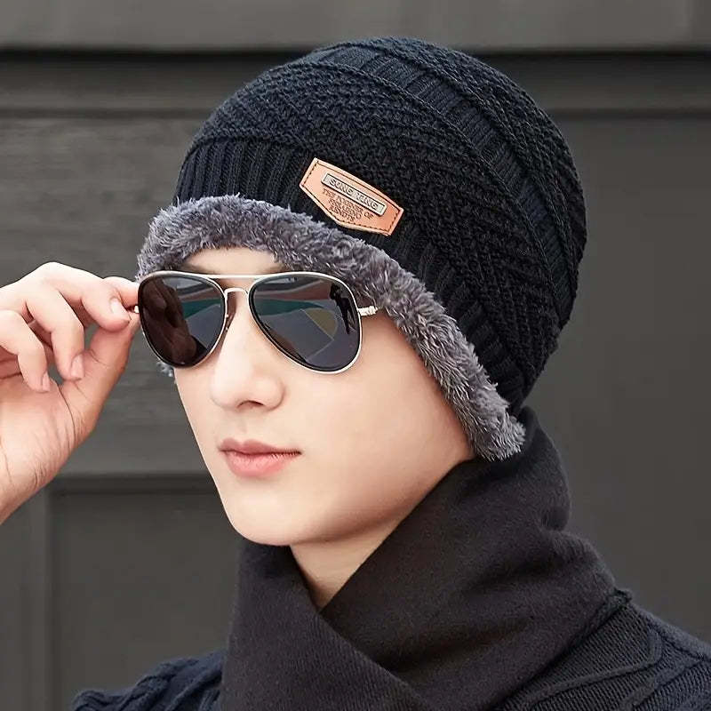 Men'S Thickened Fleece-Lined Knit Beanie - Warm, Stretchy, Windproof Winter Hat with Ear Protection for Outdoor Cycling and Casual Wear, Beanie Hats