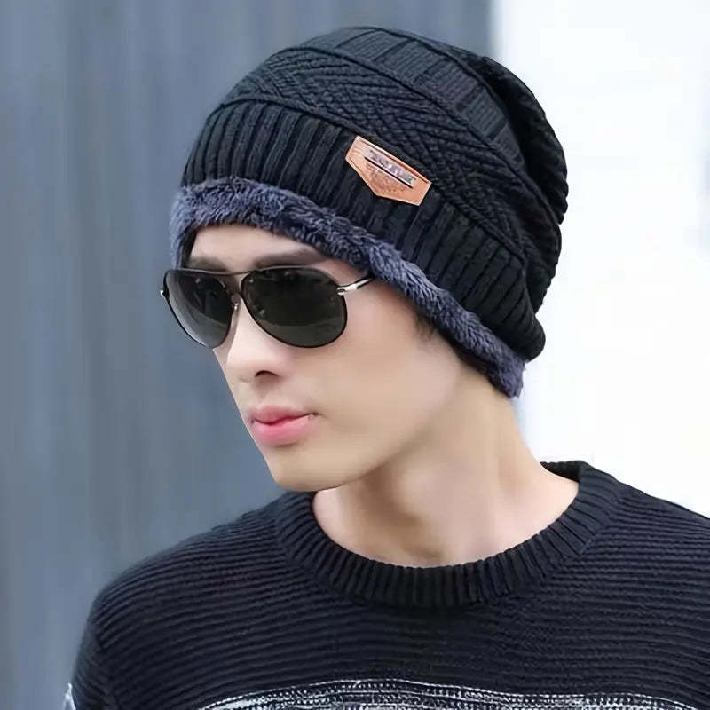 Men'S Thickened Fleece-Lined Knit Beanie - Warm, Stretchy, Windproof Winter Hat with Ear Protection for Outdoor Cycling and Casual Wear, Beanie Hats