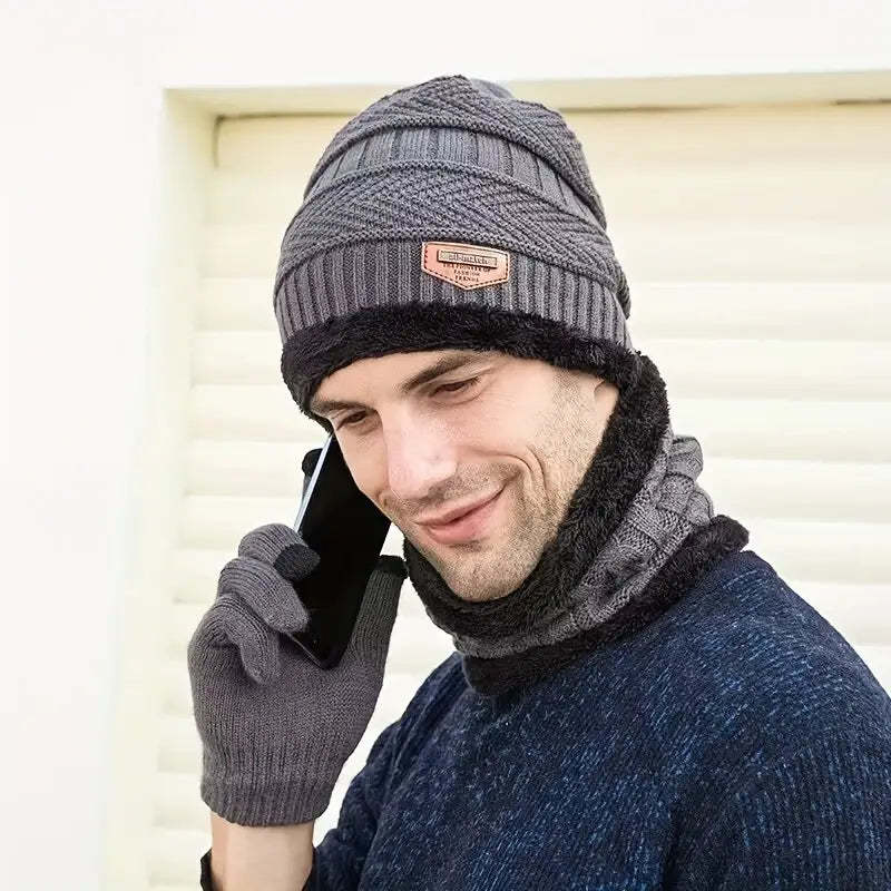 Men'S Thickened Fleece-Lined Knit Beanie - Warm, Stretchy, Windproof Winter Hat with Ear Protection for Outdoor Cycling and Casual Wear, Beanie Hats