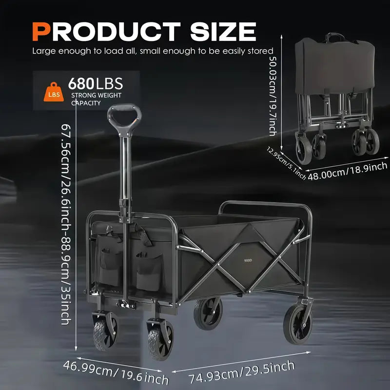 Heavy Duty All Terrain Folding Cart 220LBS/ 450LBS/ 680LBS | Large Capacity Camper Utility Cart for Yard Shopping, Sports, Outdoor, Gardening Equipment - Black Multifunctional
