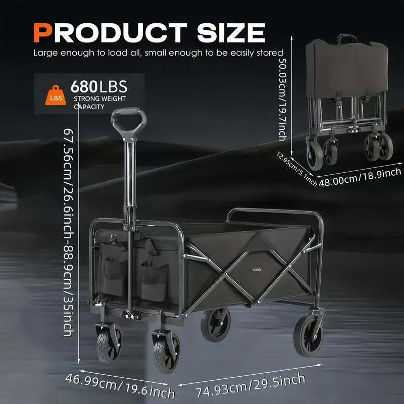 Heavy Duty All Terrain Folding Cart 220LBS/ 450LBS/ 680LBS | Large Capacity Camper Utility Cart for Yard Shopping, Sports, Outdoor, Gardening Equipment - Black Multifunctional