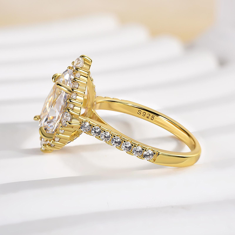 Stunning Yellow Gold Halo Pear Cut Elegant Engagement Ring In Sterling Silver