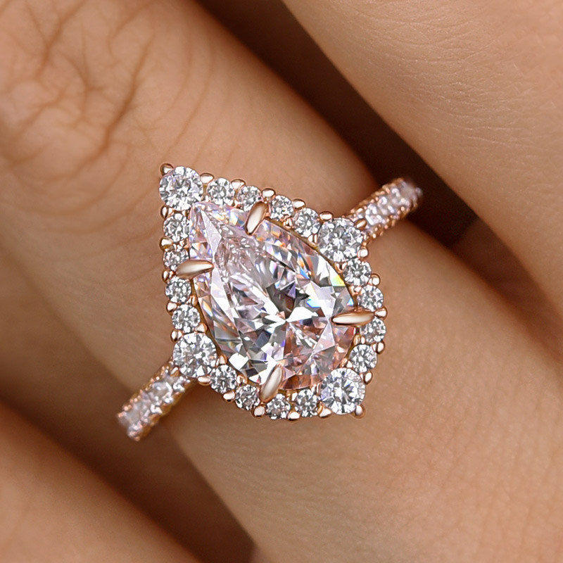 Stunning Yellow Gold Halo Pear Cut Elegant Engagement Ring In Sterling Silver