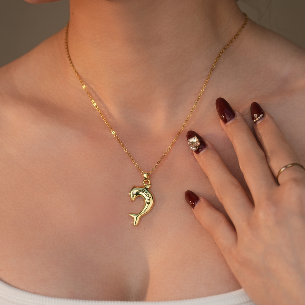 Personalized Dolphin Couple Necklace, Custom 2 Names Jewelry