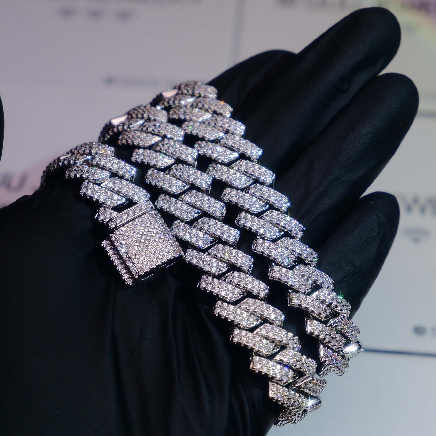 18K White/Gold-Plated Seamless Rhombic Iced Cuban Chain