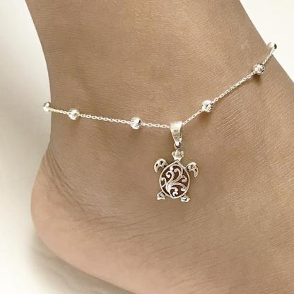 Sterling Silver Personalized Filigree Turtle Orca Whale Single Layer Anklet Bracelet