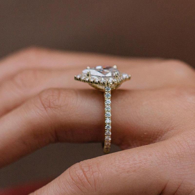 Stunning Yellow Gold Halo Pear Cut Elegant Engagement Ring In Sterling Silver