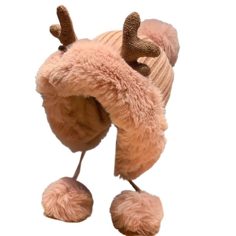 Cute Reindeer Pom Pom Winter Knit Hat - Kirakira World - grungestyle - kawaii fashion -kawaii store-kawaii aesthetic - kawaiistyle