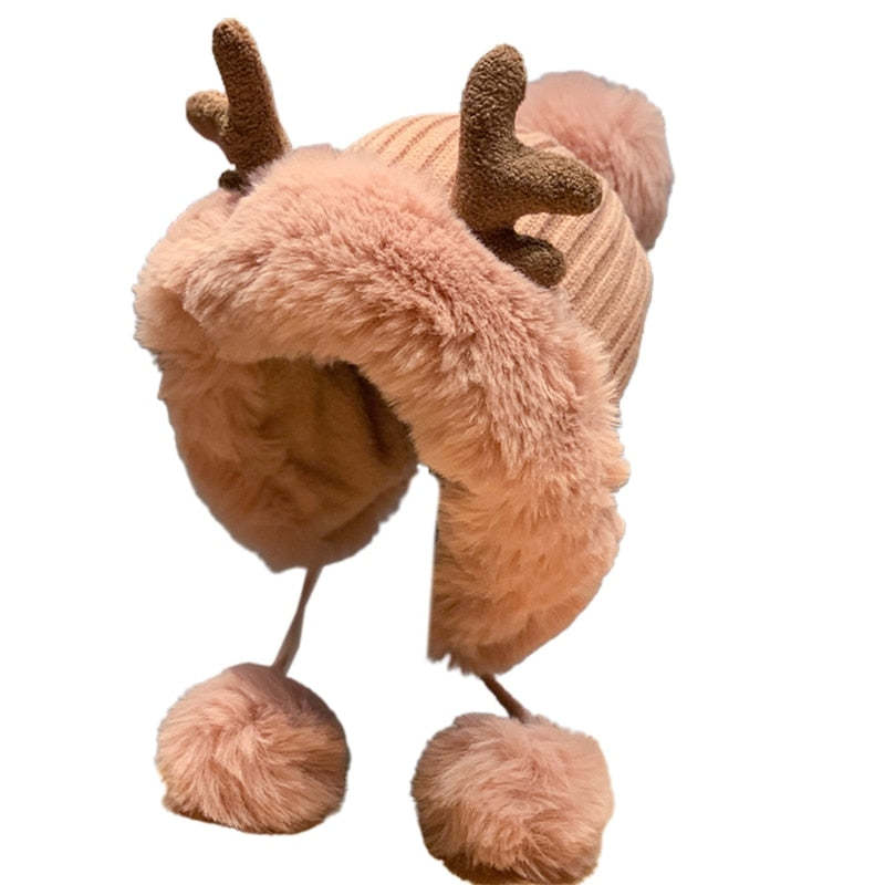 Cute Reindeer Pom Pom Winter Knit Hat - Kirakira World - grungestyle - kawaii fashion -kawaii store-kawaii aesthetic - kawaiistyle