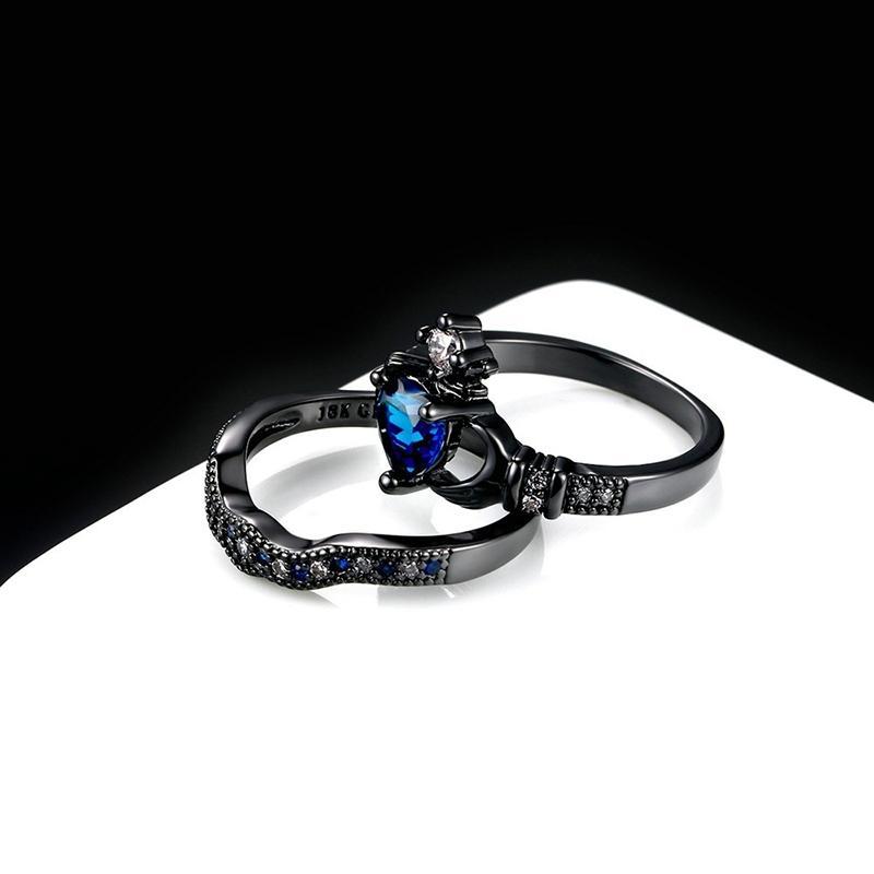 Valentine's Day Gift Wedding rings set his and hers-Couples Ring Set Clear Black & Blue Zirconia