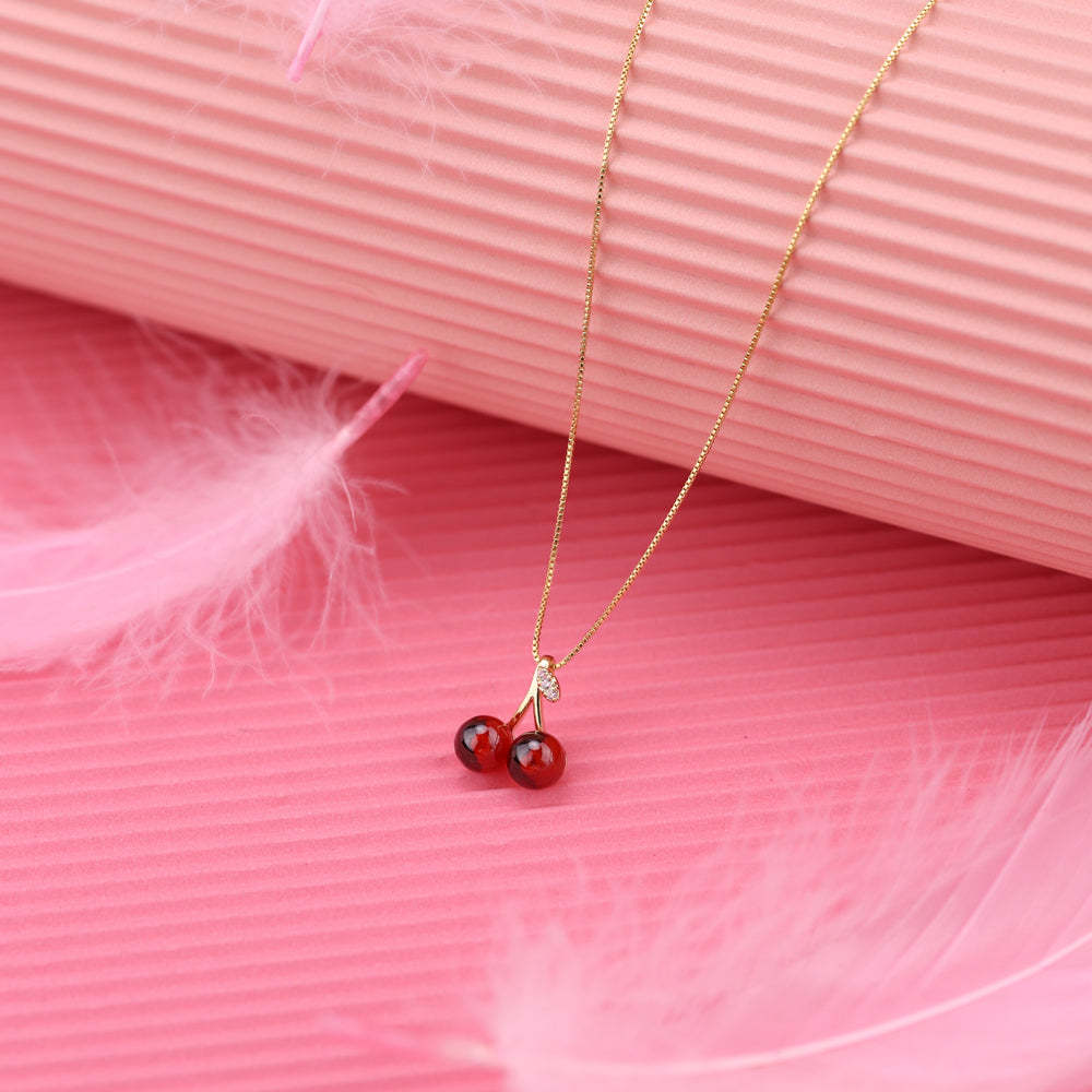 Gold Cherry Drop Earrings, CZ Bow Red Cherry Earrings
