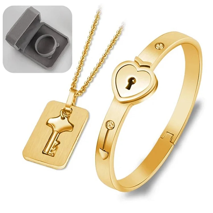Key to My Heart Couple Key Necklace and Love Lock Bracelet