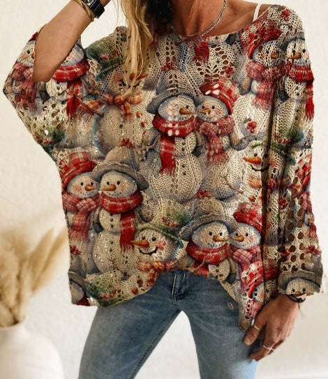 Women Long-Sleeve Christmas Tree Print Knit Pullover – Casual & Elegant Loose Fit Sweater