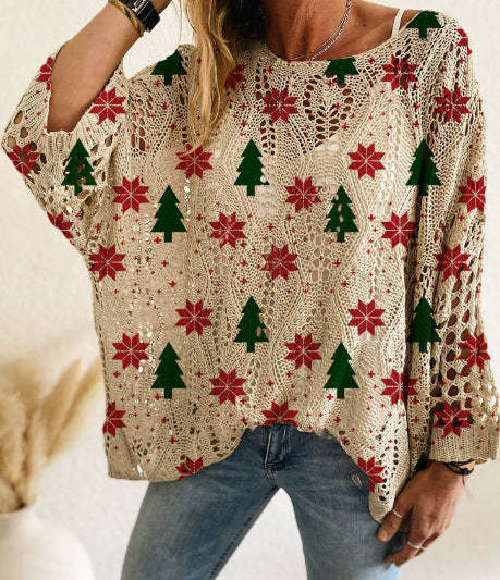 Women Long-Sleeve Christmas Tree Print Knit Pullover – Casual & Elegant Loose Fit Sweater