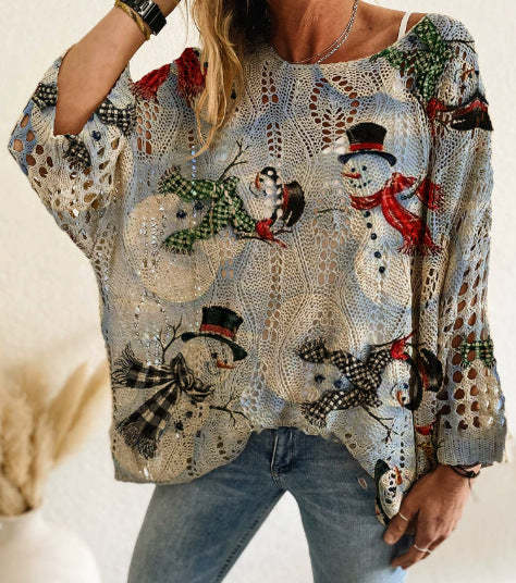 Women Long-Sleeve Christmas Tree Print Knit Pullover – Casual & Elegant Loose Fit Sweater