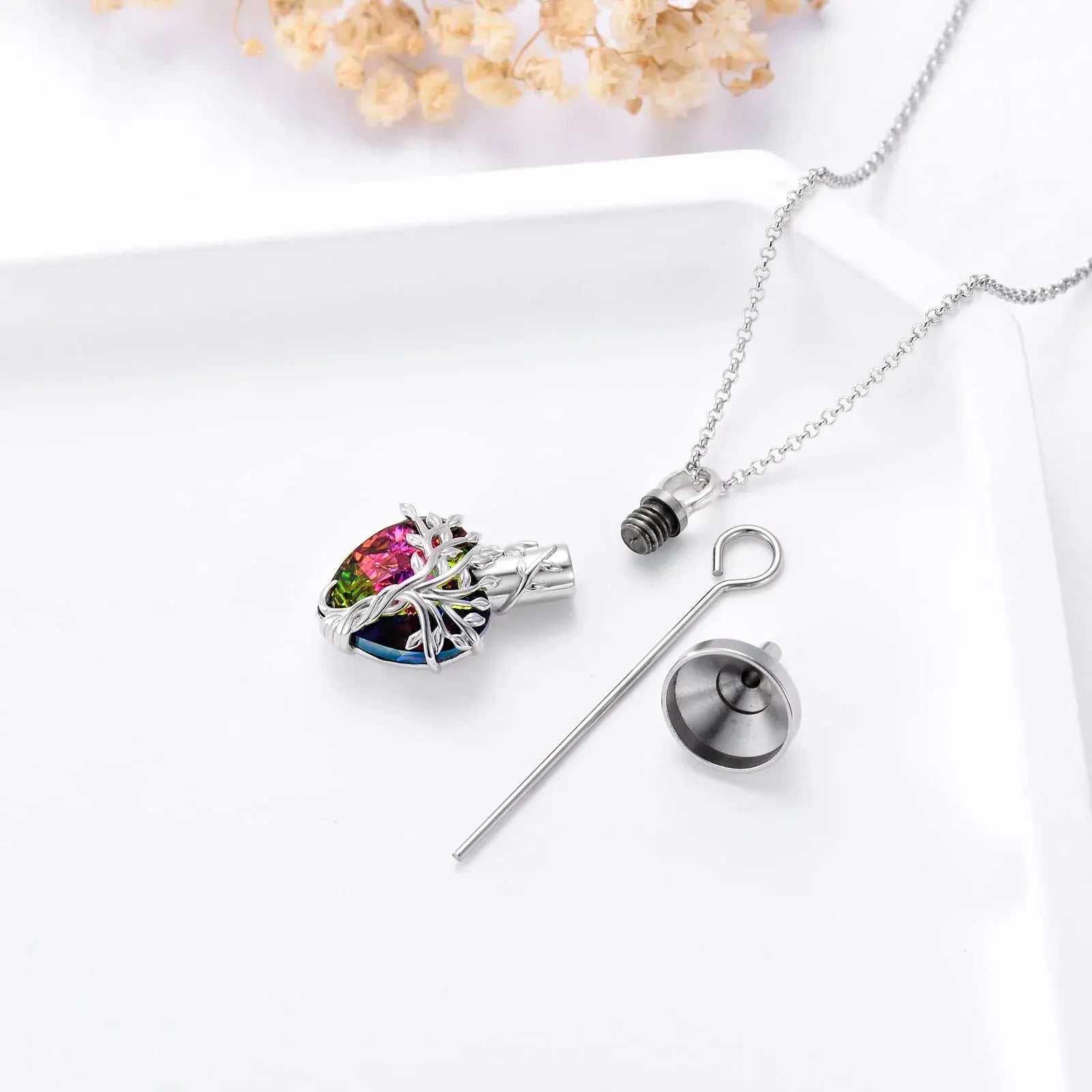 Heart Tree of Life Urn Necklace for Ashes Sterling Silver Cremation Jewelry with Crystal w/Funnel Filler-Gemeaning