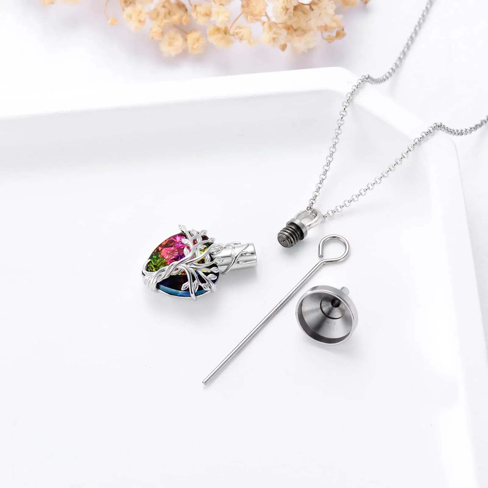Heart Tree of Life Urn Necklace for Ashes Sterling Silver Cremation Jewelry with Crystal w/Funnel Filler-Gemeaning