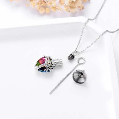 Heart Tree of Life Urn Necklace for Ashes Sterling Silver Cremation Jewelry with Crystal w/Funnel Filler-Gemeaning