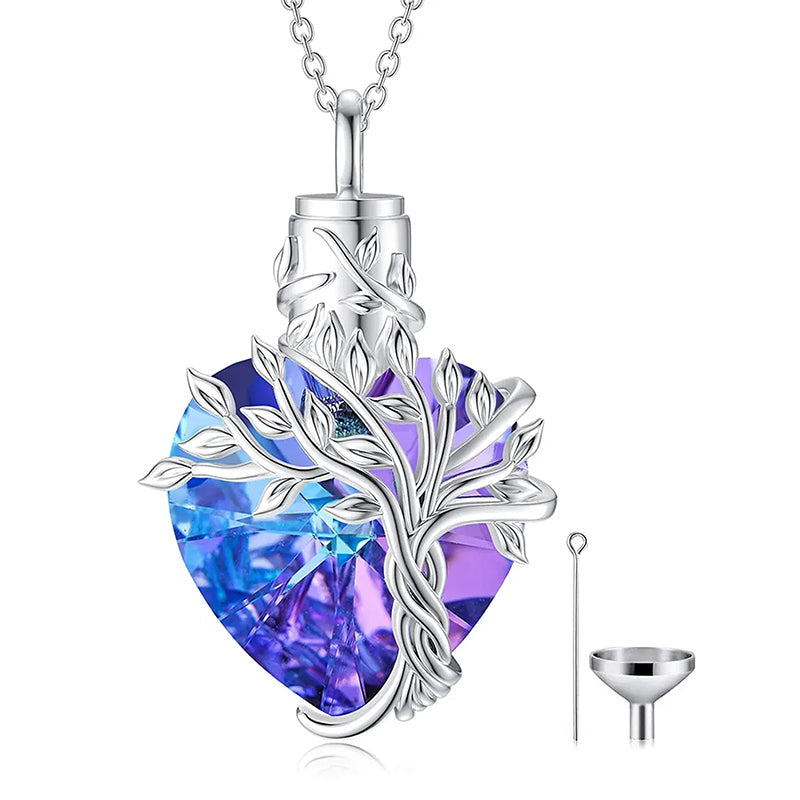 Heart Tree of Life Urn Necklace for Ashes Sterling Silver Cremation Jewelry with Crystal w/Funnel Filler-Gemeaning