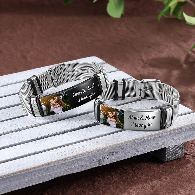 Personalized Photo Bracelet Engraved Text Stainless Steel Wristband Bracelet for Men Women