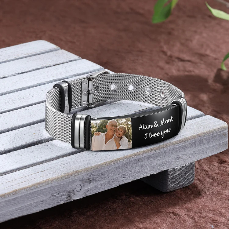 Personalized Photo Bracelet Engraved Text Stainless Steel Wristband Bracelet for Men Women