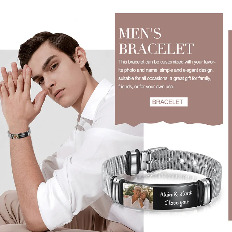 Personalized Photo Bracelet Engraved Text Stainless Steel Wristband Bracelet for Men Women