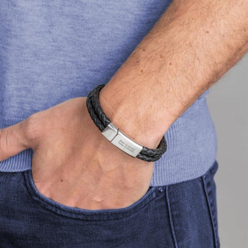 Christmas Gift Engraved Bracelet for Men with Black Leather