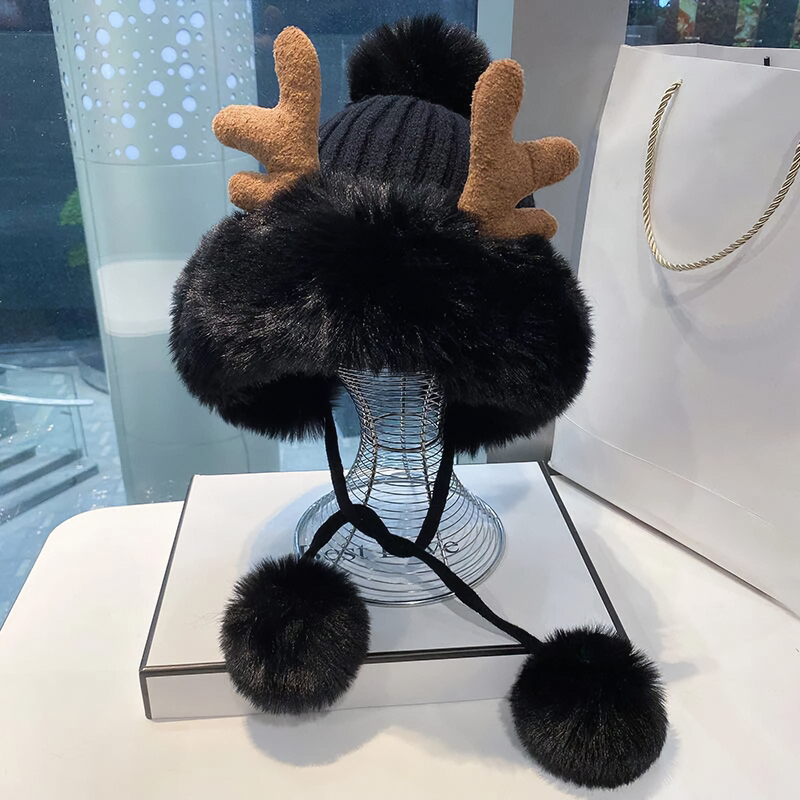 Cute Reindeer Pom Pom Winter Knit Hat - Kirakira World - grungestyle - kawaii fashion -kawaii store-kawaii aesthetic - kawaiistyle