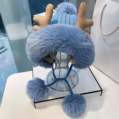 Cute Reindeer Pom Pom Winter Knit Hat - Kirakira World - grungestyle - kawaii fashion -kawaii store-kawaii aesthetic - kawaiistyle